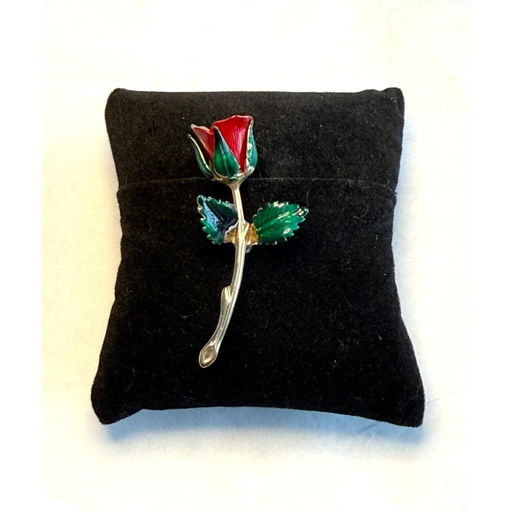 Vintage Red and Green Enamel Long Rose Stem on Gold-Tone Brooch Pin Floral